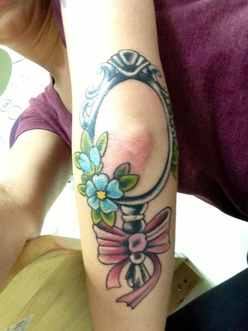 Pink Bow And Blue Flowers Elbow Tattoos