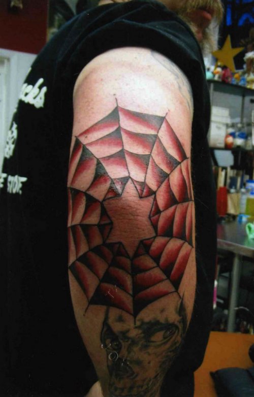 Red Ink Spider Web Elbow Tattoo Design