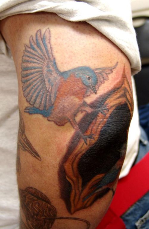 Color Flying Bird Elbow Tattoo