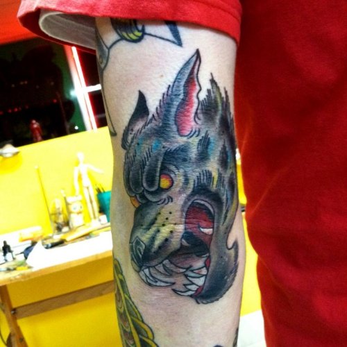 Wild Wolf Head Elbow Tattoo