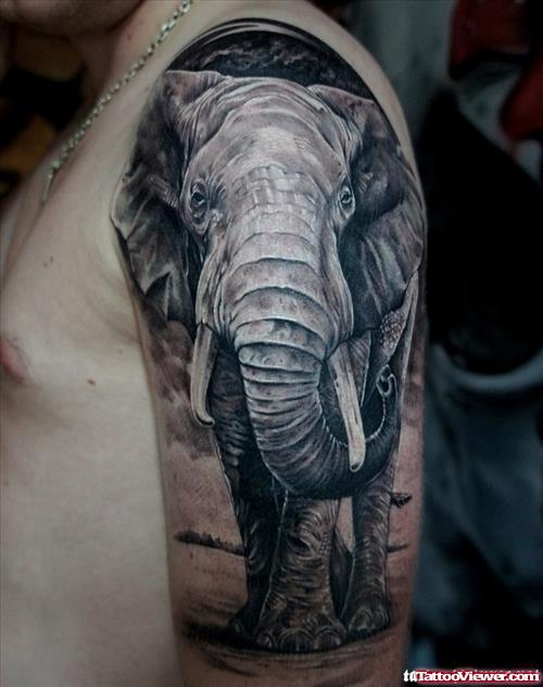Grey Elephant Tattoo On Man Left Half Sleeve
