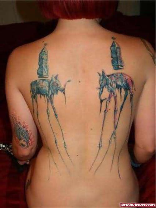 Dali Elephant Tattoos On Girl Back Body