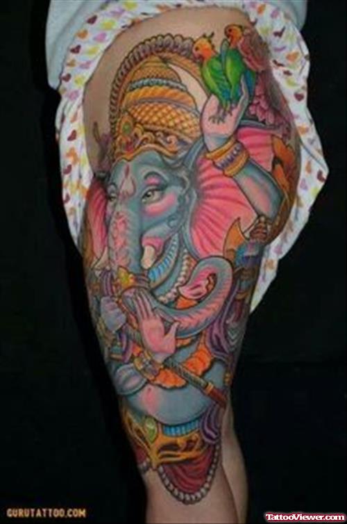 Colored Elephant Head Lord Ganesha Tattoo On Left Side