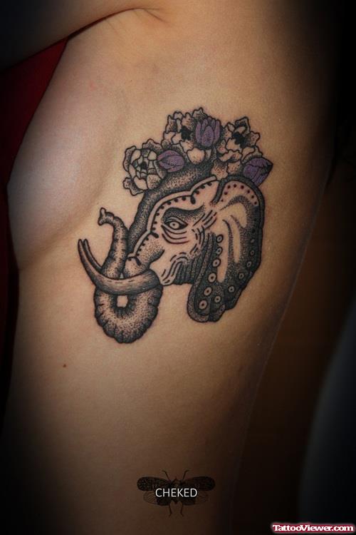 Tulip Flowers And Elephant Head Tattoo On Side