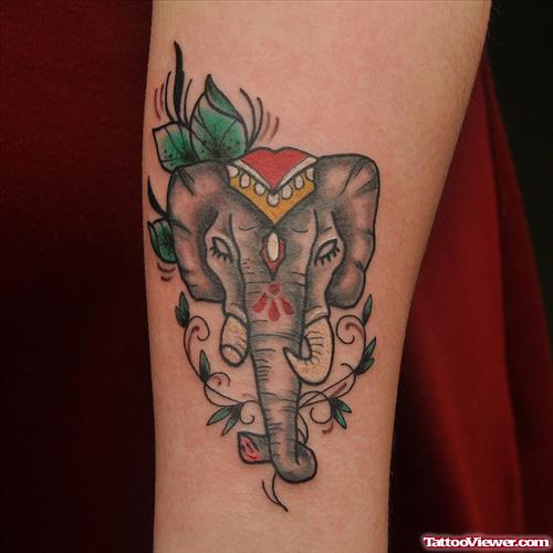 Green Leaves And Elephant Tattoo