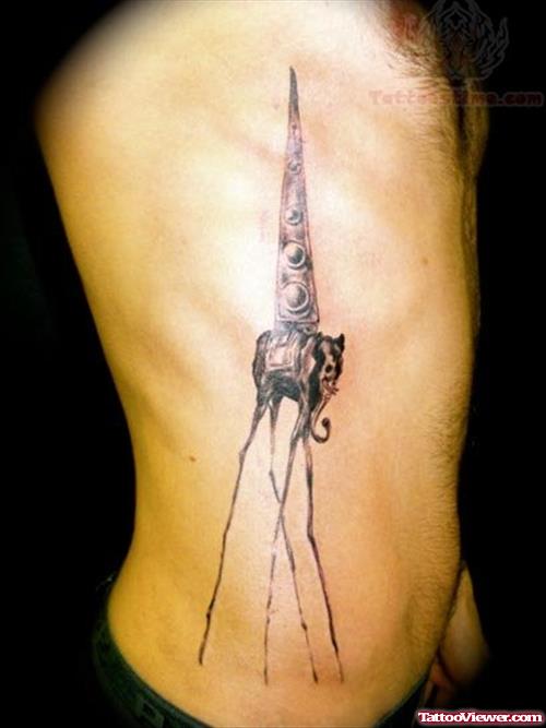 Dali Elephant Tattoo On Man Side Rib