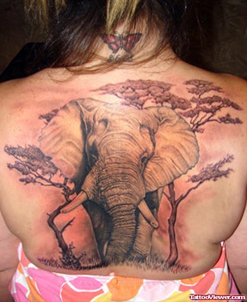 Large Trees And Elephant Tattoo On Back
