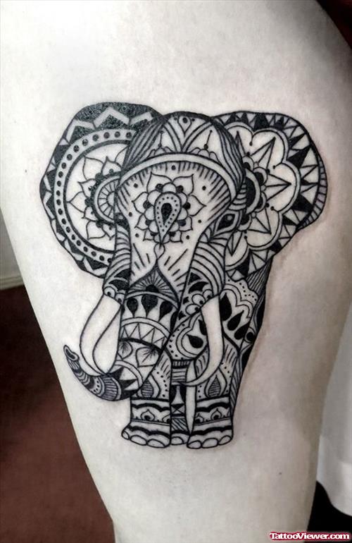 Grey Ink Geometric Dot Work Elephant Tattoo