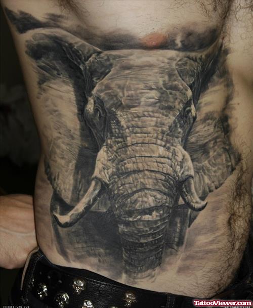 Grey Ink Elephant Head Tattoo On Side Rib