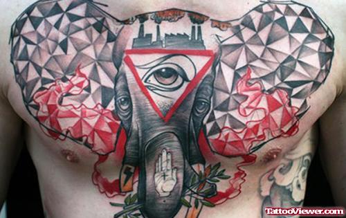 Grey Ink Dotwork And Elephant Head Tattoo On Chest