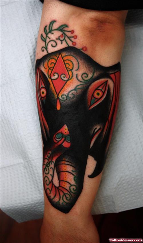 Attractive Colored Elephant Head Tattoo