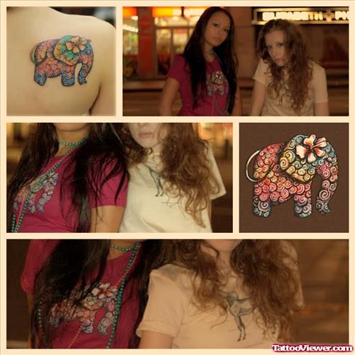 Colored Flowers Elephant Tattoo On Right Back Shoulder