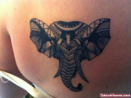 Beautiful Grey Elephant Head Tattoo On Back Shoulder