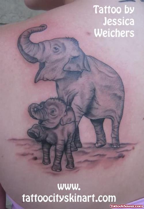 Grey Ink Elephant With Baby Elephant Tattoo