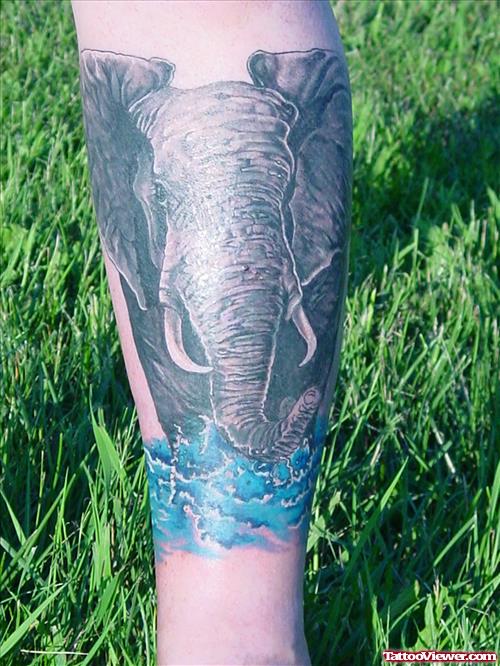 Awesome Grey Elephant Tattoo On Leg