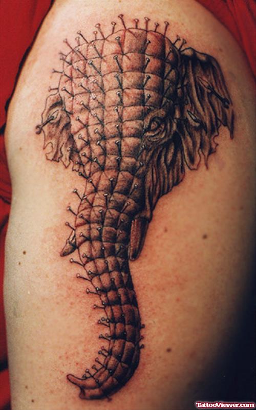Grey Ink Pinhead Elephant Tattoo