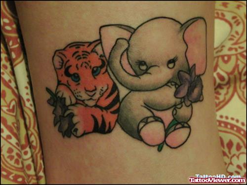 Baby Tiger And Baby Elephant Tattoo