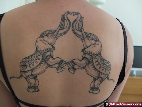 Grey Indian Elephant Tattoos On Girl Back Body