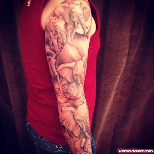 Grey Elephant Tattoos On Right Sleeve