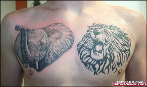 Tribal Lion Head And Elephant Head Tattoos On Man Chest