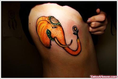 Traditional Elephant Tattoo On Side Rib