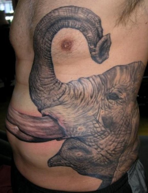 Realistic Grey Elephant Head Tattoo On Side