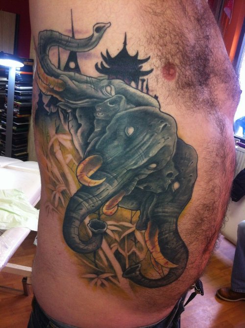 Three Headed Elephant Tattoo On Man Side
