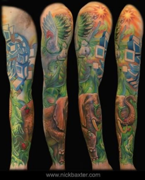 Dove And Elephant Tattoos On Sleeve