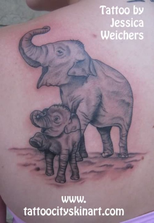 Elephant And Baby Tattoo On Back
