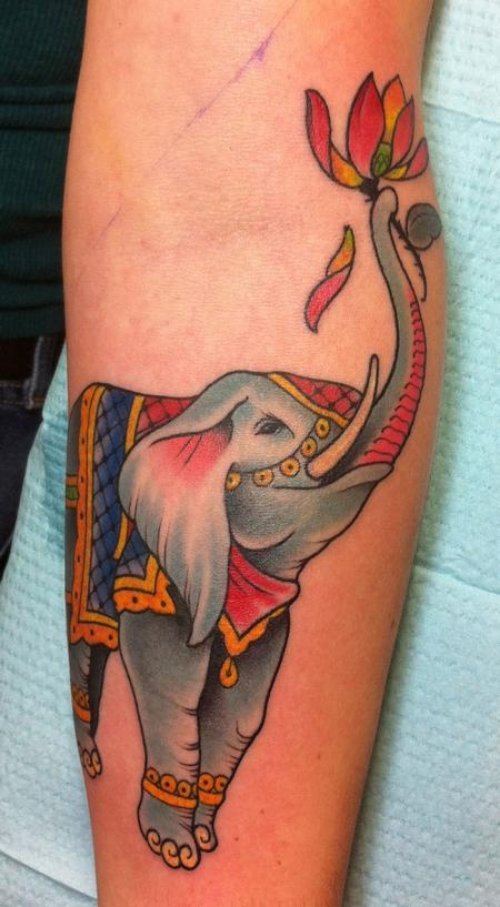 Color Flower And Elephant Tattoo On Left Sleeve