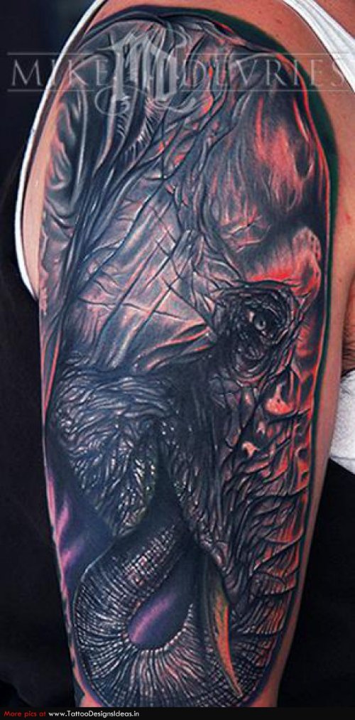 Dark Ink Elephant Tattoo On Right Half Sleeve