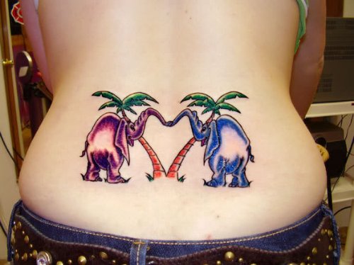Pink Abd Blue Elephants Tattoo On Waist With Palm Trees