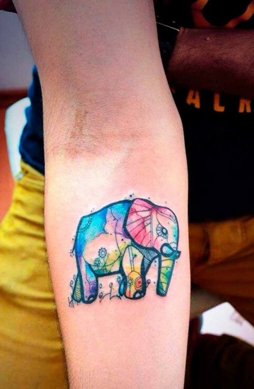 Watercolor Elephant Tattoo On Forearm