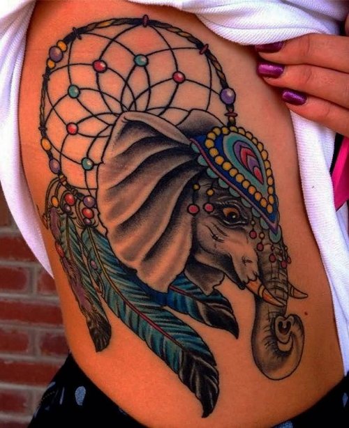 Indian Elephant And Dreamcatcher Tattoo On Girl Side Rib
