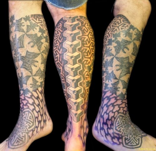 Amazing Grey Ink Escher Tattoo On Leg