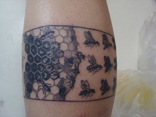 Grey Ink Escher Bees Tattoo