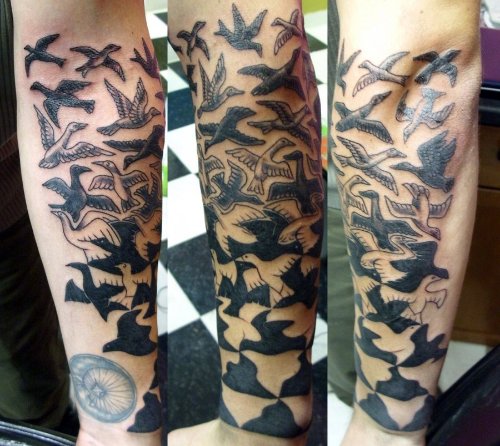 Escher Ducks Tattoo On Sleeve