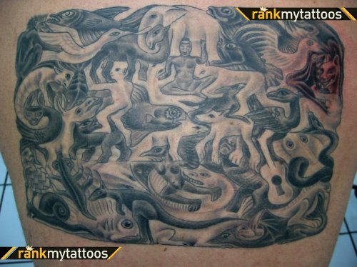 Grey Ink Escher Tattoo On Back