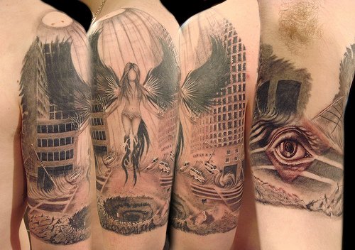 Man Left Bicep Grey Ink Escher Tattoo
