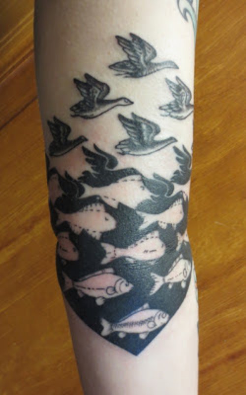 Grey Ink Escher Birds Tattoo