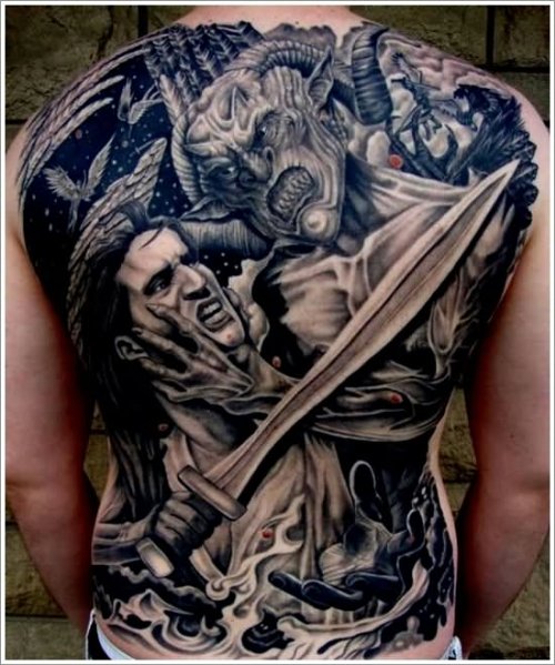 Grey Ink Evil Tattoo On Man Back