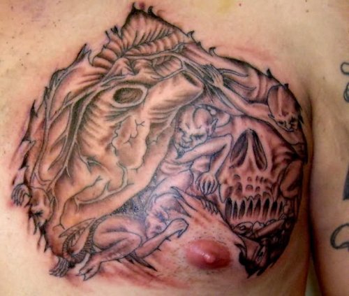 Grey Ink Evil Skulls Tattoo On Men Chest
