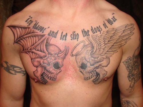 Good And Evil Winged Skulls Tattoos On Chest