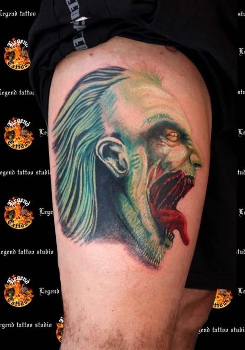 Color Evil Tattoo On Thigh