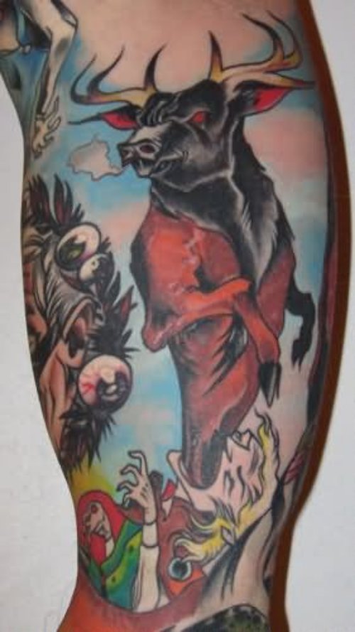 Color Ink Evil Bull Tattoo On Half Sleeve