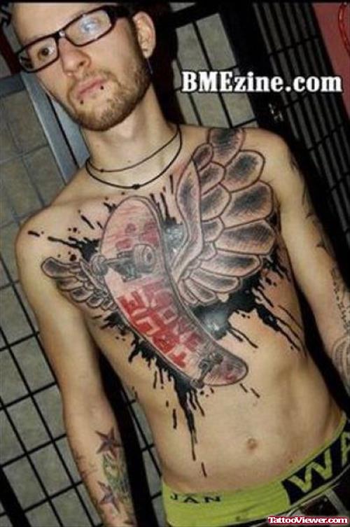 Extreme Winged Scatboard Tattoo On Chest