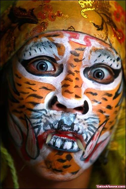 Extreme Tiger Face Tattoo On Girl Face