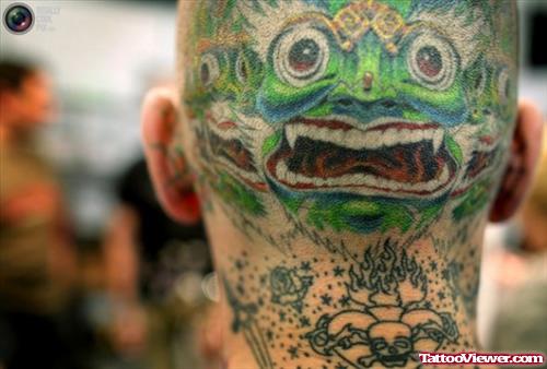 Extreme Green Demon Head Tattoo On Back Head