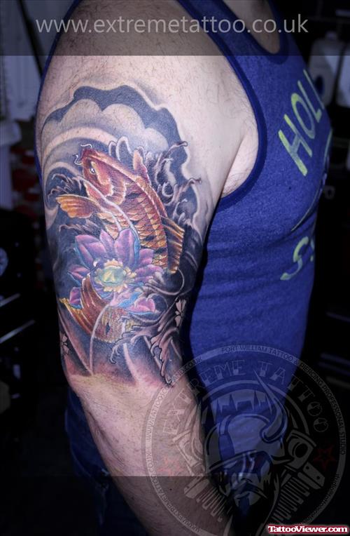 Colored Koi And Extreme Lotus Tattoo On Sleeve