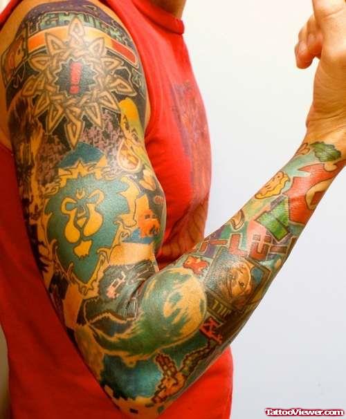 Colored Extreme Tattoo On Man Right Sleeve